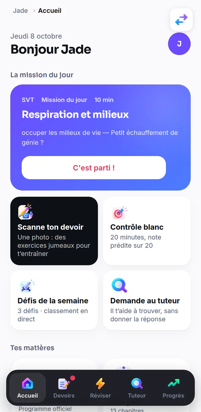 Ton accueil sur téléphone : la mission du jour et le scan de devoir