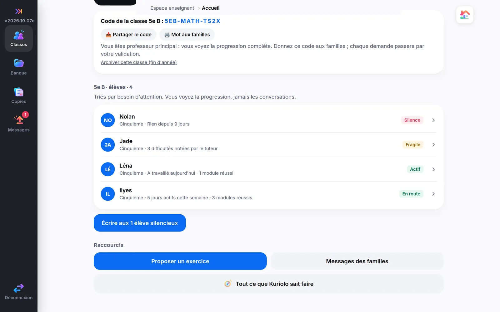 Espace enseignant sur ordinateur&nbsp;: la classe 5e B, élèves triés par besoin d'attention