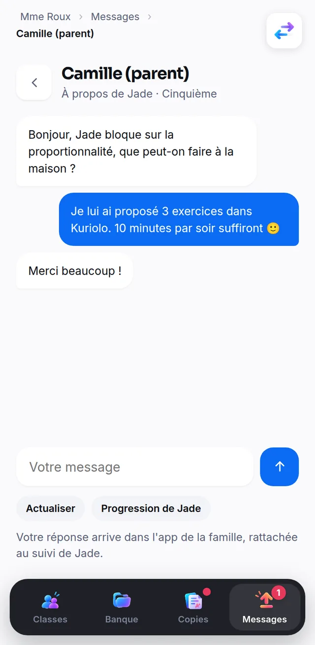Sur téléphone&nbsp;: le fil de messages avec la famille de Jade